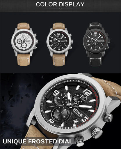 MEGIR cronógrafo marca superior relojes deportivos casuales de lujo correa de cuero reloj de pulsera de cuarzo calendario impermeable reloj de negocios para hombres