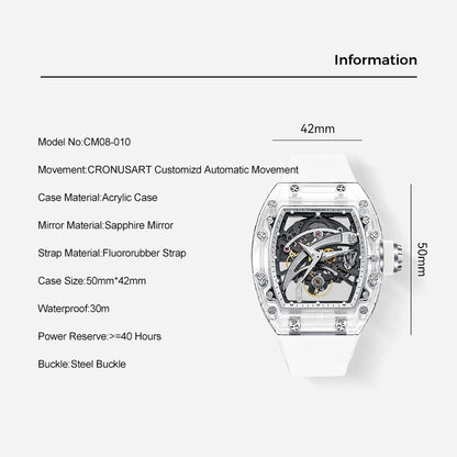 CRONUSART Men Automatic Watch 50mm Luxury Tonneau Mechanical Wristwatch Sapphire Case Luminous Fluororubber Strap Blade Dial