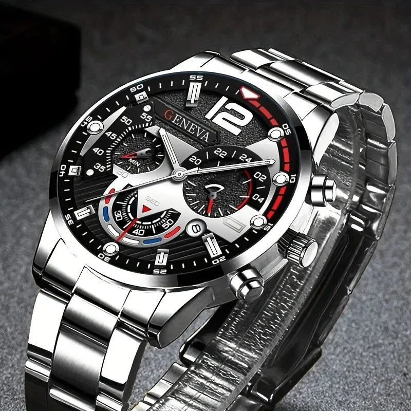 "Zinc Alloy" Elegant Men'S Stainless Steel Quartz Watch With Calendar & Luminous Hands - Business Casual Style