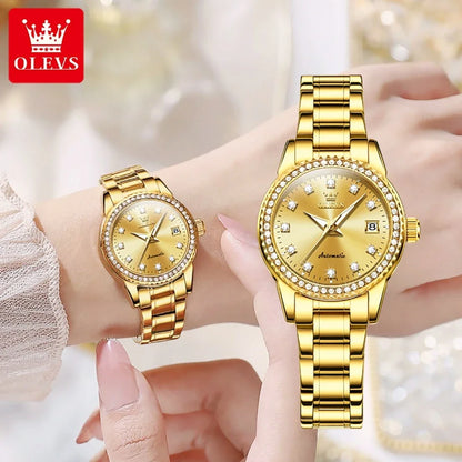 OLEVS Automatic Mechanical Watch for Women Diamond Calendar Dial Stainless Steel Waterproof Luminous Elegant Women's Wristwatch