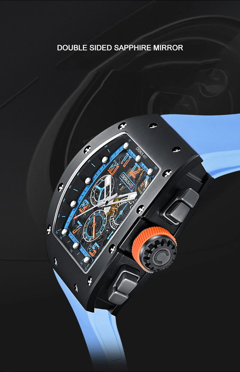 CRONUSART Men Automatic Watch Chronograph Tonneau Mechanical Wristwatch Sport Carbon Steel Case Luminous Fluororubber Strap