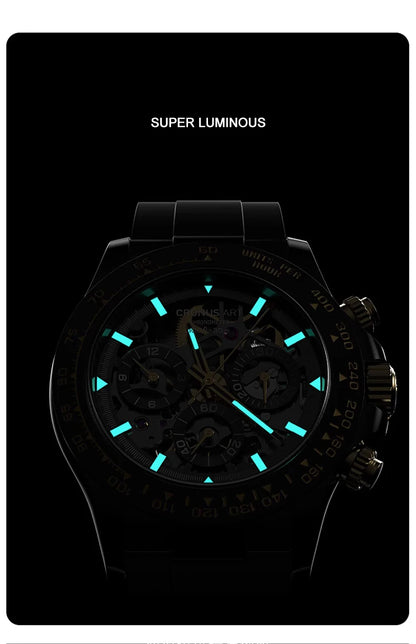 CRONUSART Men Chronograph Watch Automatic Mechanical Wristwatch Luminous Sapphire Skeleton Fluororubber Strap Ceramic Bezel