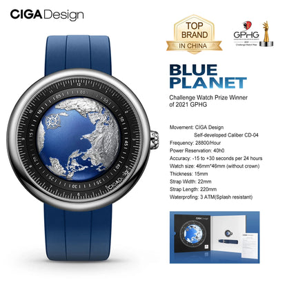 Relojes CIGA Design Blue Planet para hombre, reloj mecánico automático de lujo de alta gama, reloj de pulsera con caja de acero inoxidable/titanio