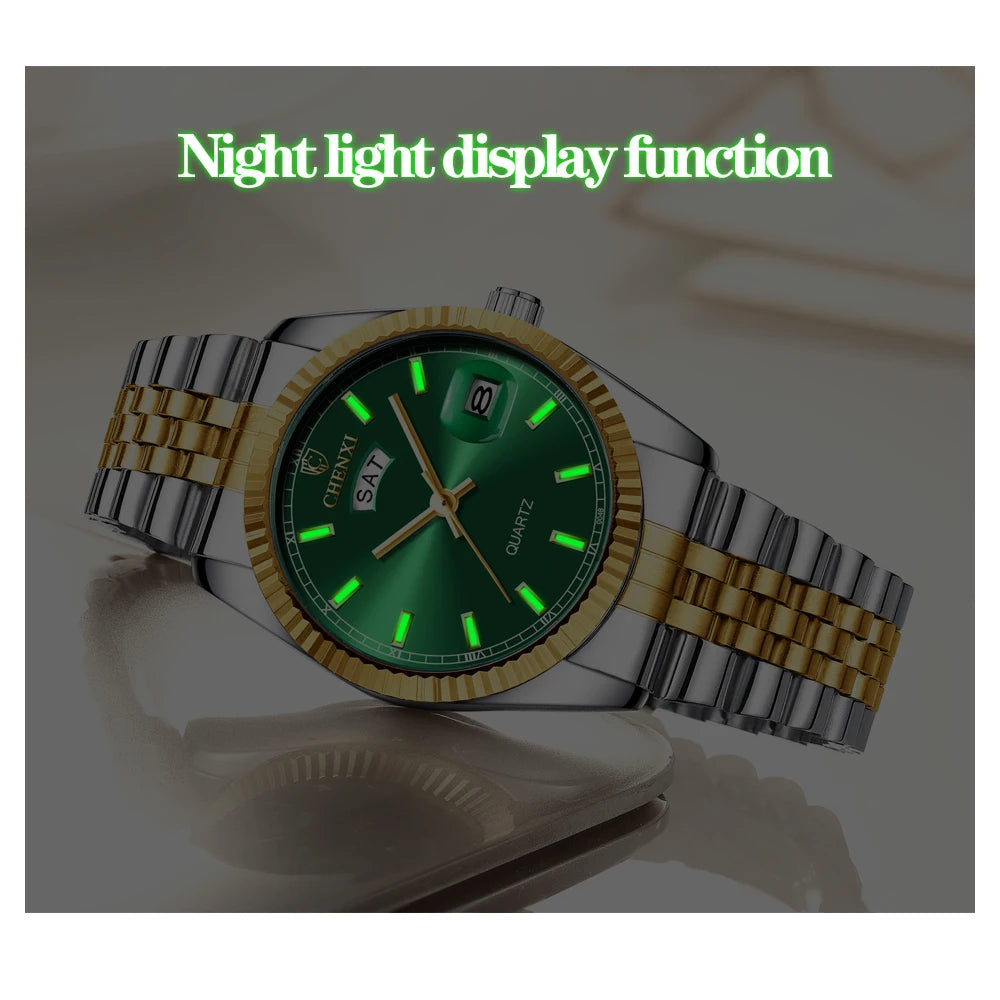 Reloj CHENXI para hombre, marca superior, relojes de cuarzo de acero completo a la moda de lujo para hombre, reloj de pulsera con fecha de negocios para hombre, reloj con esfera dorada