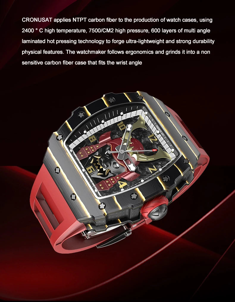 CRONUSART Men Automatic Watch Luxury Mechanical Wristwatch NTPT Carbon Fibre Tonneau Case Luminous Fluororubber Strap Skeleton