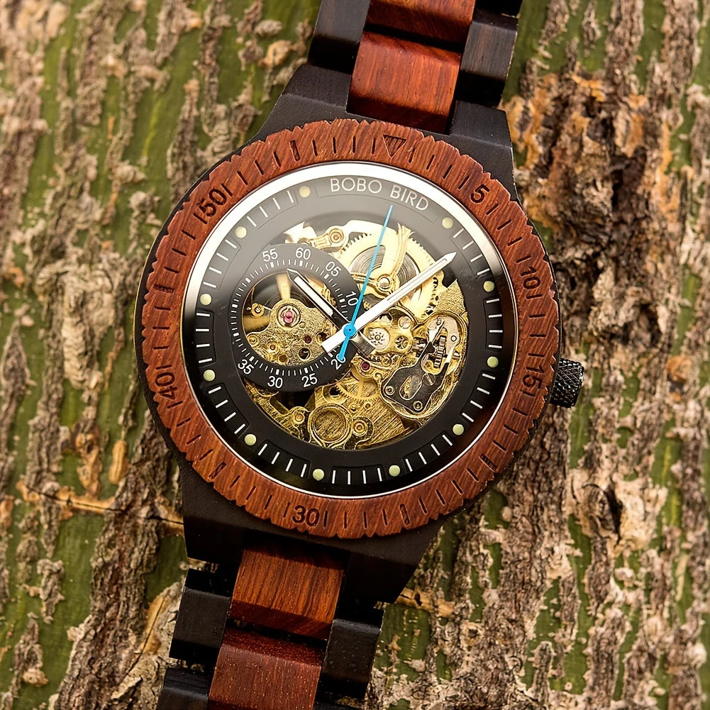 BOBO BIRD reloj mecánico automático de sándalo hueco para hombre, reloj de pulsera con caja de madera, envío directo personalizado