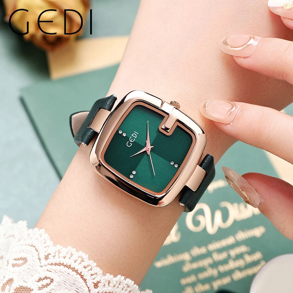 Fashin Gedi Top Brand Women Square Clock Minimalist Waterproof Quartz Ladies Brown Leather Casual Simple Female Wrist Watches