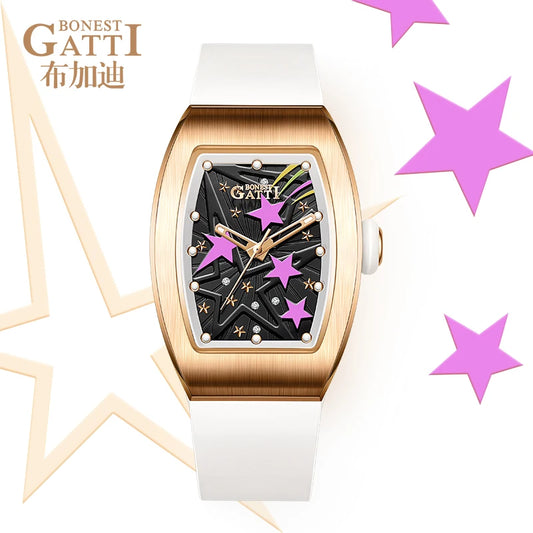 BONEST GATTI Women Automatic Watch Luxury Lady Watches Tonneau Mechanical Wristwatch Luminous Sapphire Fluororubber Strap