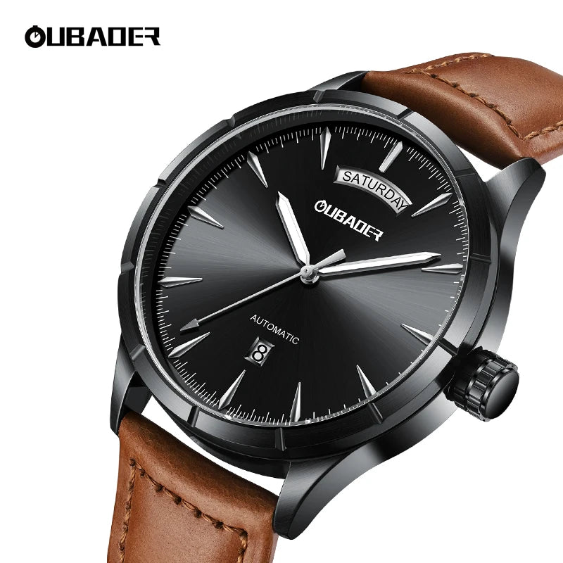 OUBAOER Military Automatic Men’s Watches Leather Day Date Mechanical Dress Wristwatch Waterproof Clock for Men Army Montre Homme