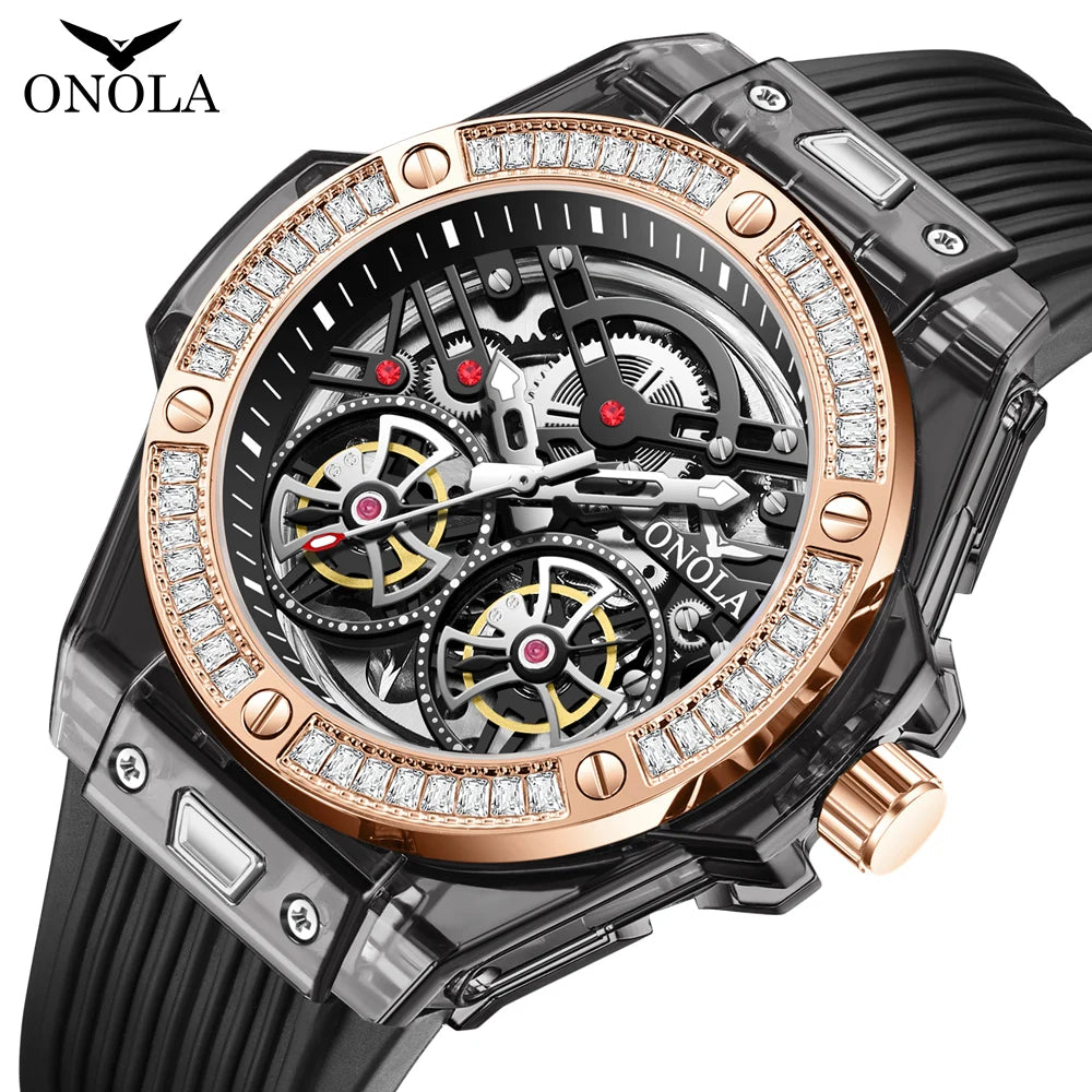 Reloj de hombre totalmente automático con diamantes de moda ONOLA, relojes con cinta hueca de alta calidad para hombres y mujeres