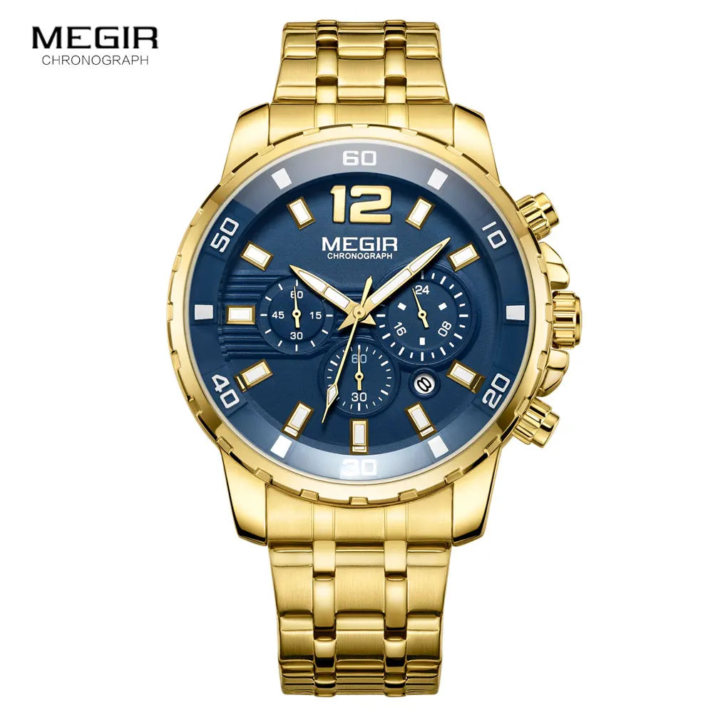 Relojes Megir de cuarzo de acero inoxidable dorado para hombre, reloj de pulsera Analgue con cronógrafo de negocios para hombre, resistente al agua, luminoso 2068ggd-2n3