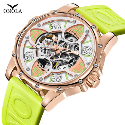 Reloj para hombre ONOLA, relojes mecánicos completamente automáticos huecos de alta calidad a la moda de lujo, reloj de pulsera con cinta de silicona resistente al agua para hombre