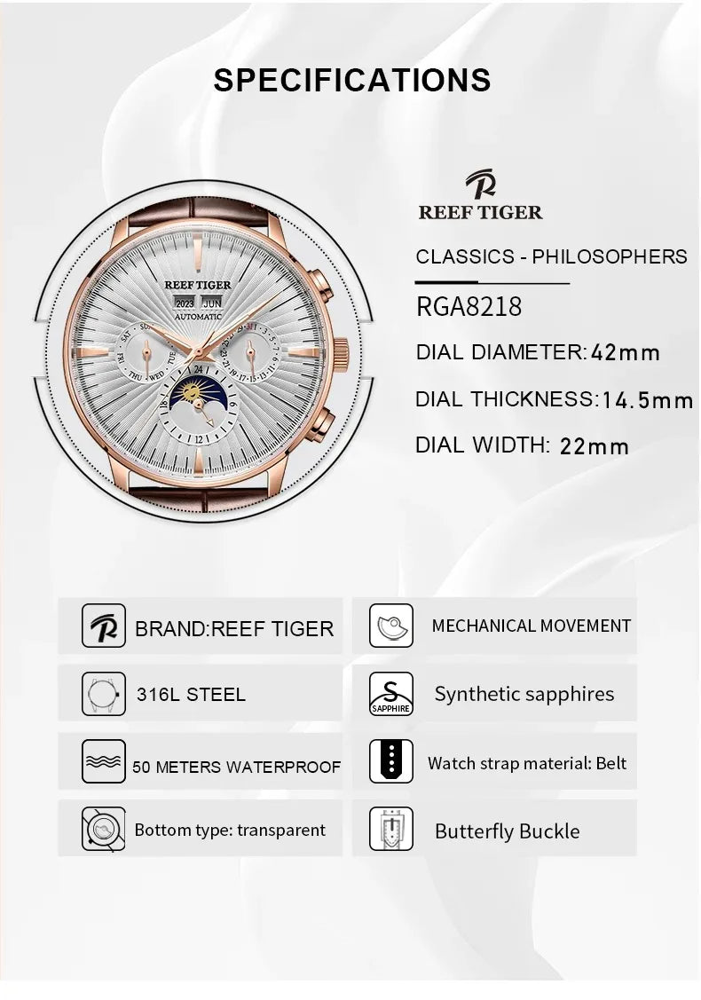 Reef Tiger Men Automatic Watch 42mm Luxury Mechanical Wristwatch 50M Waterproof Luminous Multi Dial Year,Month,Week,Date