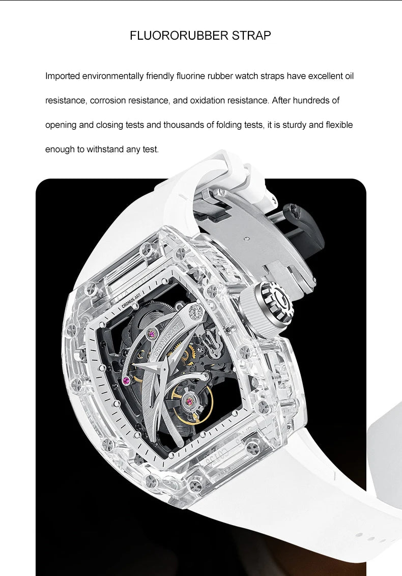 CRONUSART Men Automatic Watch 50mm Luxury Tonneau Mechanical Wristwatch Sapphire Case Luminous Fluororubber Strap Blade Dial