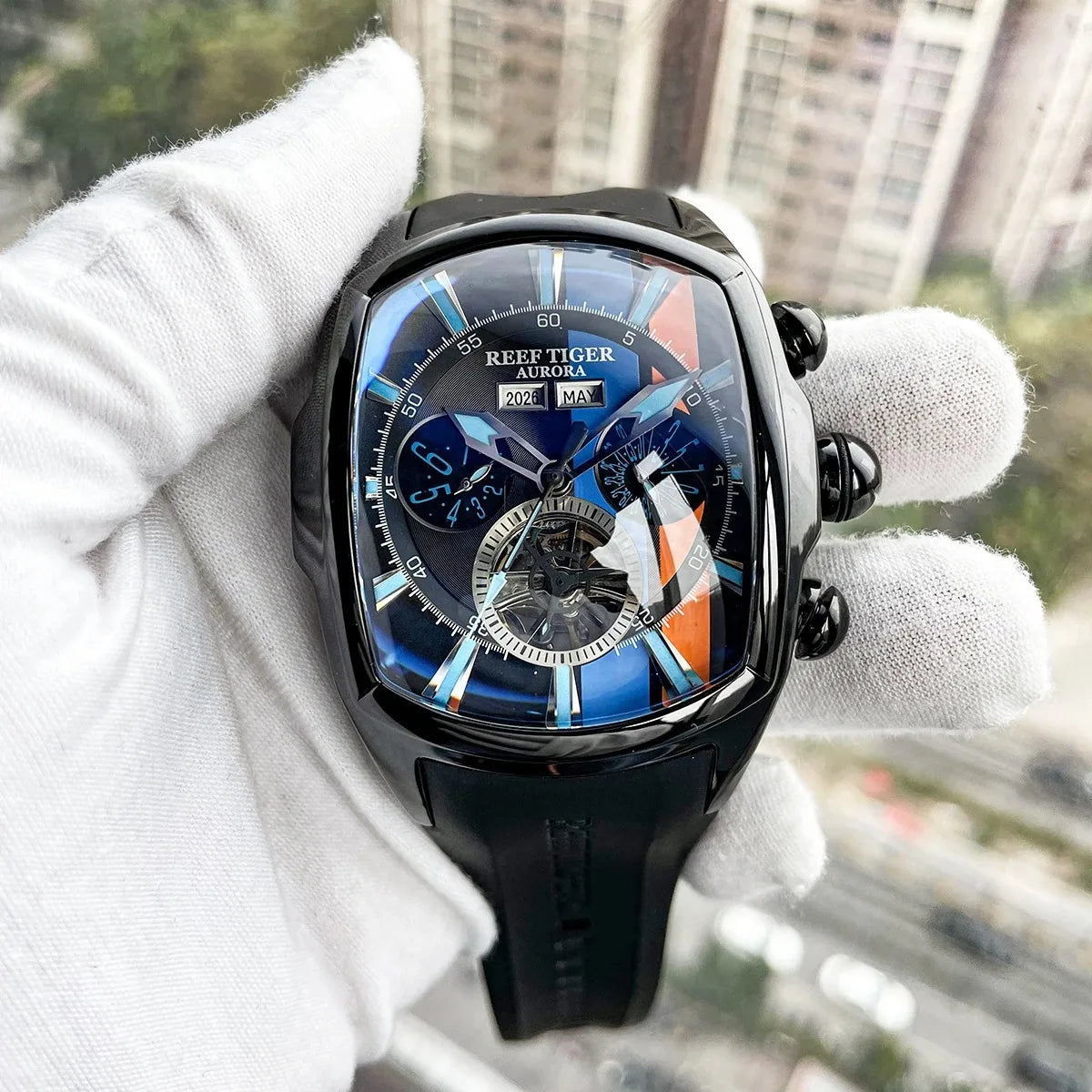 Reef Tiger Men Automatic Watch Sport Mechanical Wristwatch Tonneau Case Rubber Strap Luminous Muiti-Dial Month Week Date