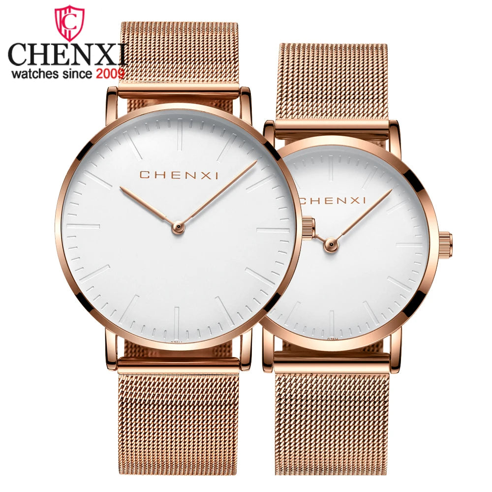 CHENXI, relojes para amantes del oro rosa a la moda, reloj de cuarzo ultrafino resistente al agua para hombre, reloj elegante de marca de lujo para mujer, reloj para mujer