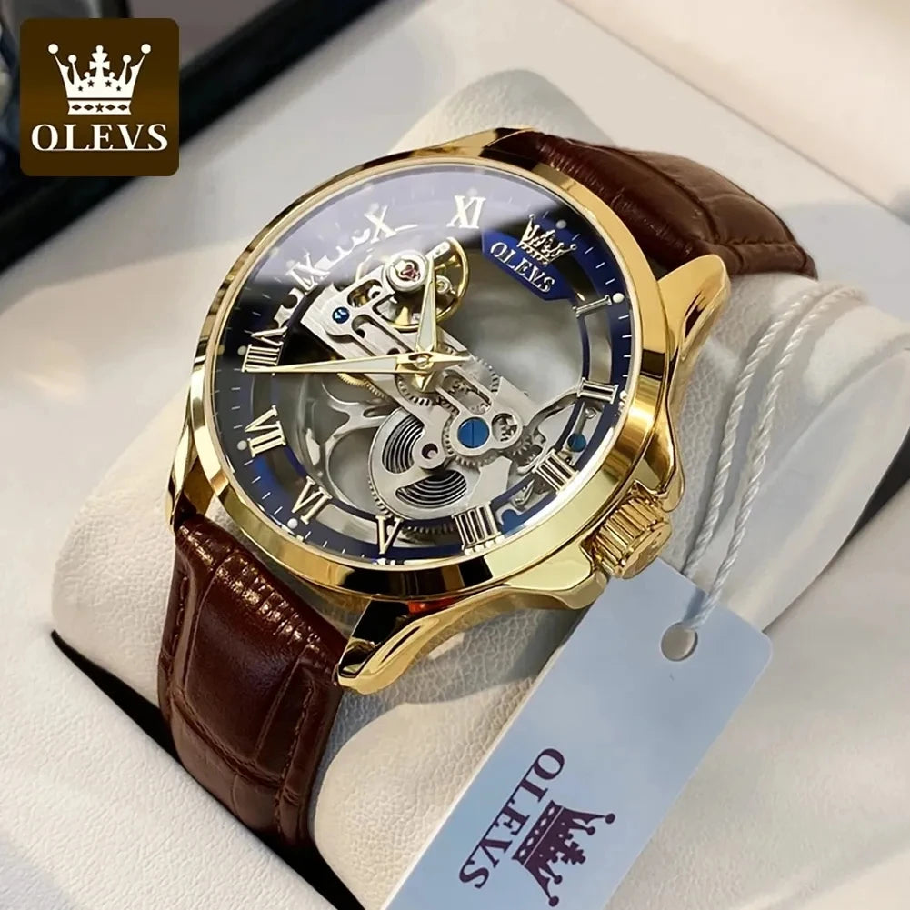 OLEVS Luxury Men‘s Watches Fully Holow Out Design Waterproof Leather Strap Automatic Mechanical Wristwatch for Men Reloj Hombre