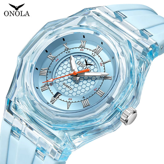 Reloj de pareja a la moda para hombres y mujeres, marca ONOLA, reloj de cuarzo con cinta de silicona de plástico transparente resistente al agua de lujo, reloj Neutral