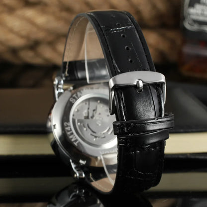 Fashion Winner Top Brand Men's Casual Hollow Vintage Fully Automatic Mechanical Leather Simple Business Wrist Watches