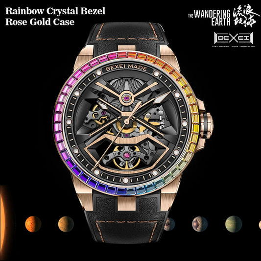 BEXEI 9115 watch for man  mechanical  waterproof  5ATM  Automatic movement Reserve 80H Rainbow Crystal Bezel  Rose Gold  case