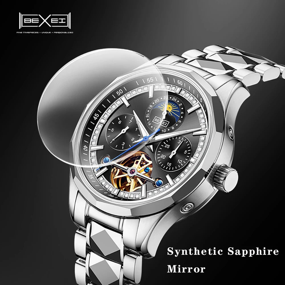 BEXEI 9133 Bermuda series mechanical watch for men tungsten steel inset white diamond fashion sapphire luminous business watch