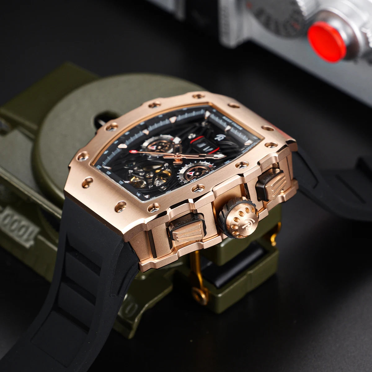 REEF TIGER Titan Rose Gold Tonneau Relojes mecánicos automáticos para hombre Reloj de goma luminoso multifunción Orologio da uomo RGA3009