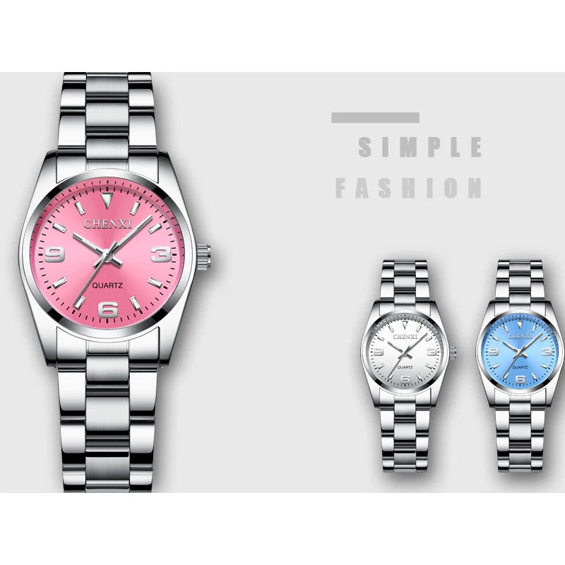 CHENXI Fashion Pink Dial Watches For Women High Quality Quartz Watch Elegant Dress Ladies Stainless Steel Wristwatches xfcs