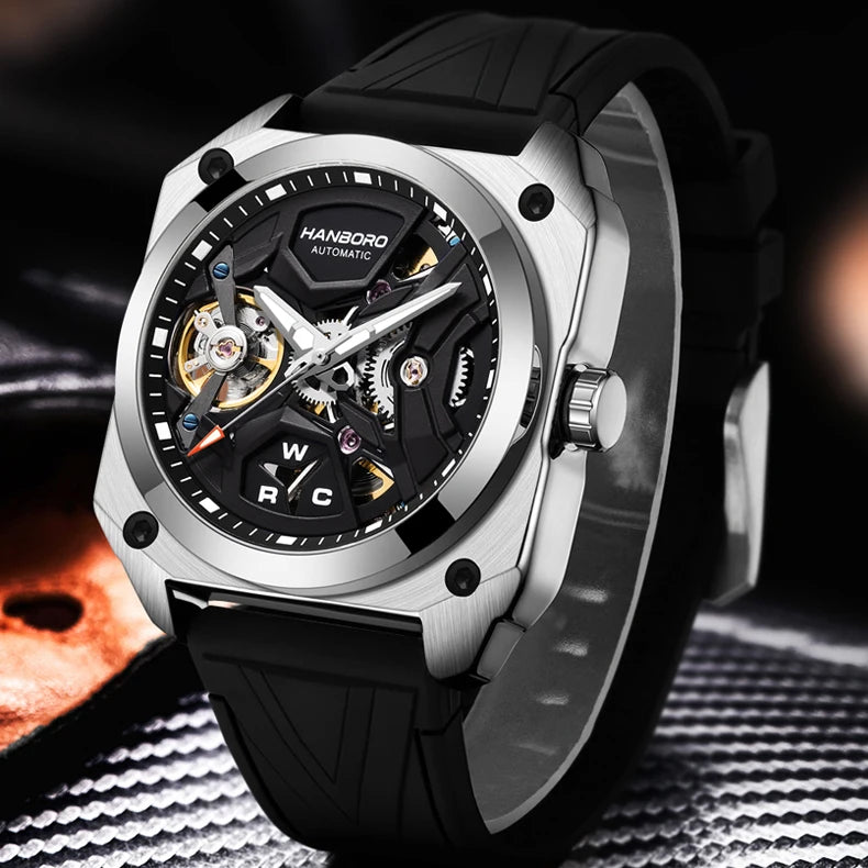 HANBORO Men Luxury Watch 42MM Automatic Watches Mechanical Wristwatch Fashion 50M Waterproof Luminous Skeleton Dial Rubber Strap