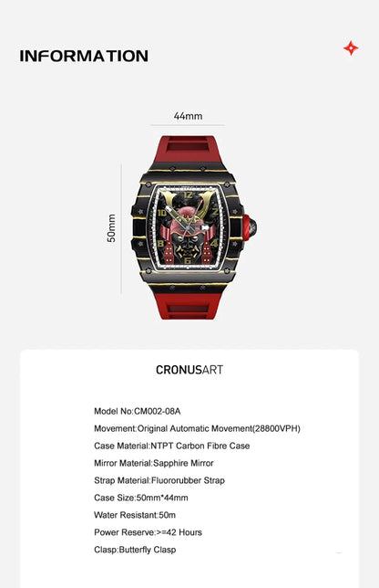 CRONUSART Men Automatic Watch Luxury Mechanical Wristwatch NTPT Carbon Fibre Tonneau Case Luminous Fluororubber Strap Skeleton