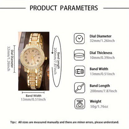 6pcs/set Women's Watch Luxury Rhinestone Quartz Watch Hiphop Fashion Analog Wrist Watch & Jewelry Set, Gift For Mom Her