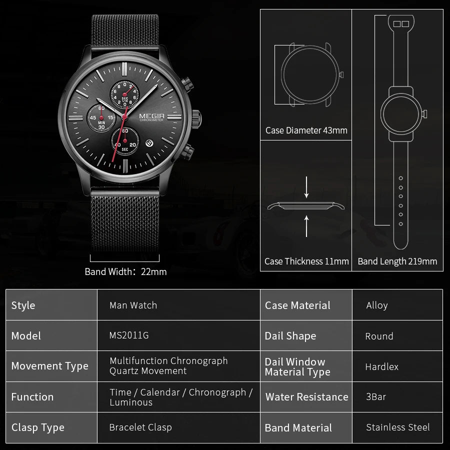 MEGIR, reloj de cuarzo de lujo para hombre, correa de malla de acero, relojes deportivos militares, reloj de pulsera de negocios, reloj masculino, cronógrafo, Montre Homme