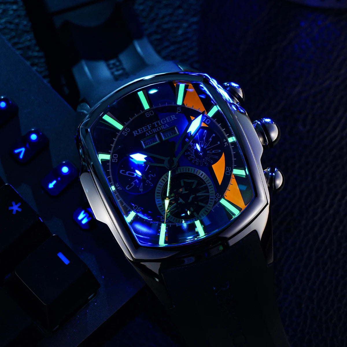 Reef Tiger/RT-relojes deportivos para hombre, Tourbillon, esfera azul, pantalla analógica, correa de goma, reloj luminoso RGA3069