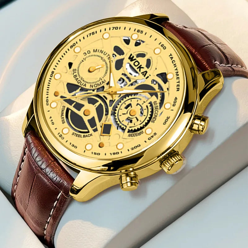 2023 Hot Sale WOKAI Watch Men Gold Watches Fashion Luxury Golden Skeleton Surface Quartz Wristwatches Men Relogios Masculinos