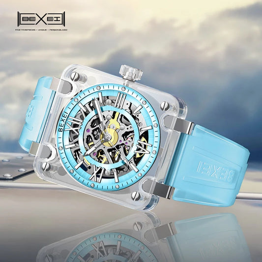 BEXEI 9905 series square transparent Full Sapphire Crystal automatic mechanical watch for men luminous luxury business watch