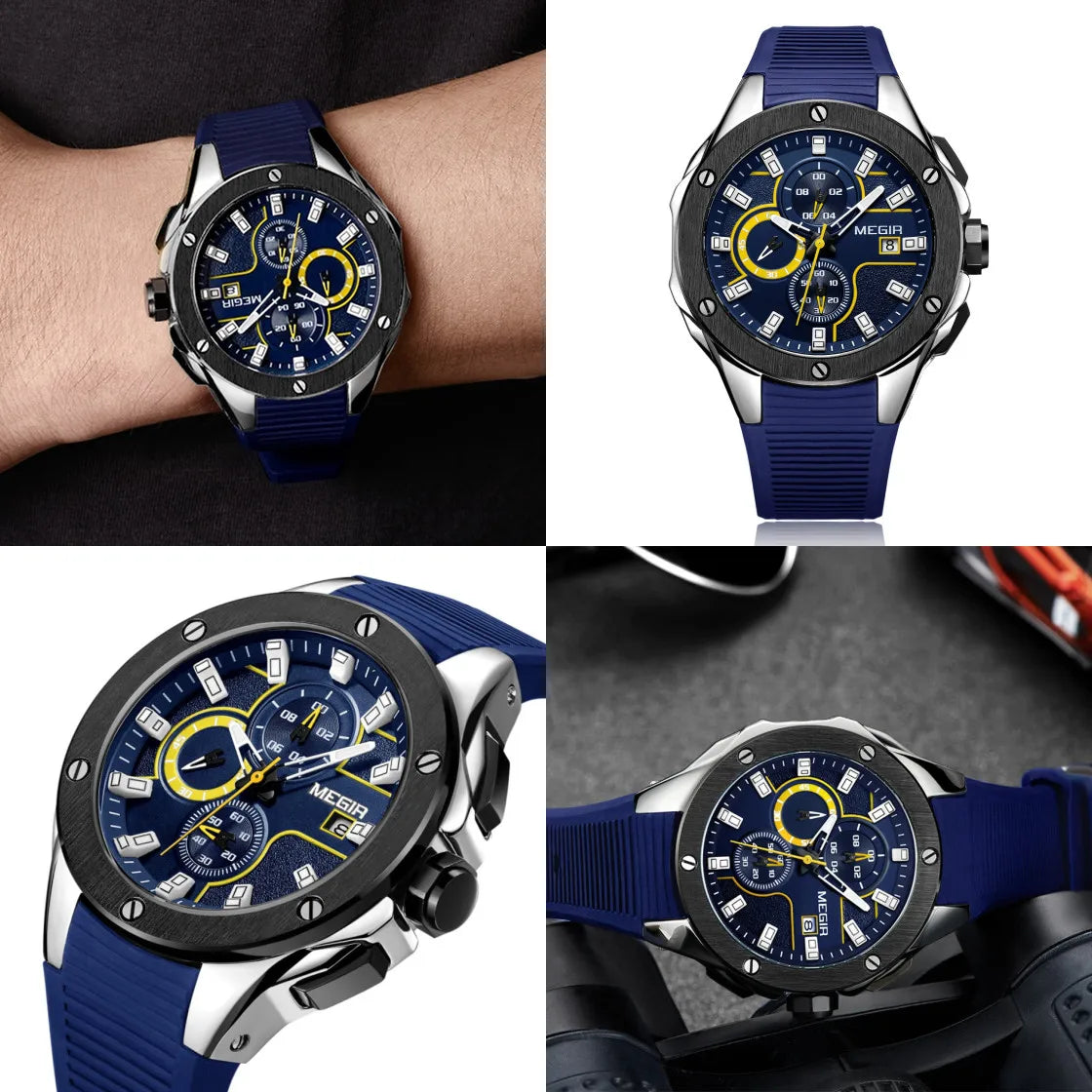 MEGIR, relojes deportivos militares de cuarzo a la moda para hombre, correa de silicona, cronógrafo, reloj de pulsera con esfera grande, relojes Masculino