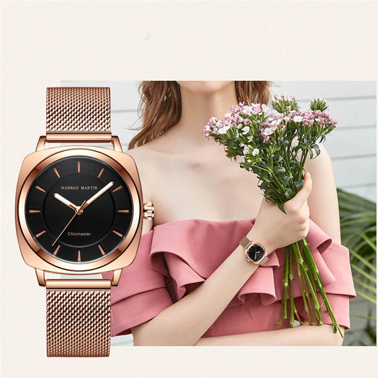 HANNAH MARTIN Reloj de Mujer 36MM relojes de cuarzo cuadrados de lujo banda de acero inoxidable Reloj impermeable de moda para Mujer Reloj de Mujer