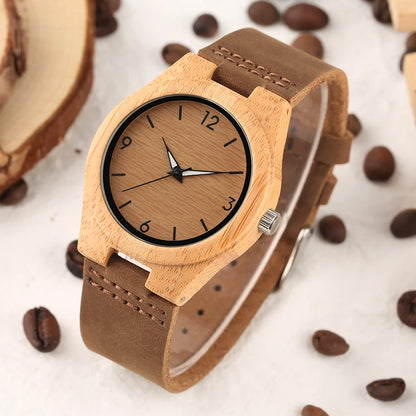 Reloj de pulsera de cuarzo para mujer con esfera marrón café de moda de madera de bambú correa de reloj de cuero genuino reloj de pulsera de madera de estilo Natural para mujer