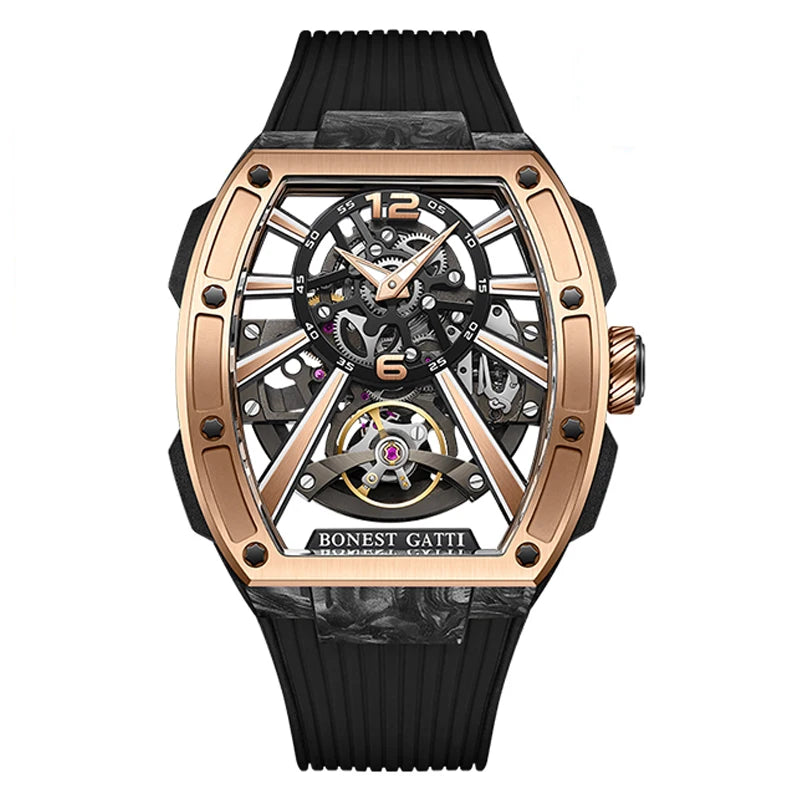 BONEST GATTI Men Automatic Watch Luxury Carbon Fiber Tonneau Case Mechanical Wristwatch Waterproof Sapphire Luminous