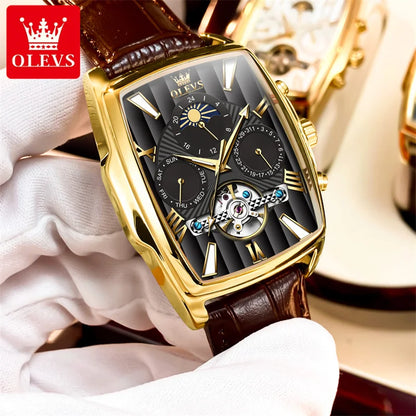 OLEVS Luxury Rectangular Dial Mechanical Watches Waterproof Leather Automatic Luminous Watch Business Men relogios masculino