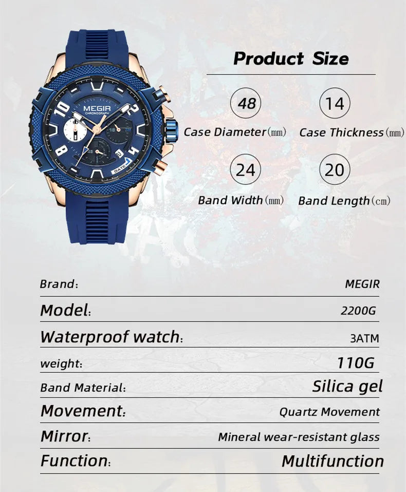 Relojes de pulsera deportivos militares de moda con cronógrafo MEGIR, relojes de cuarzo de Esfera Grande para hombres, regalo, correa de silicona, reloj con fecha automática