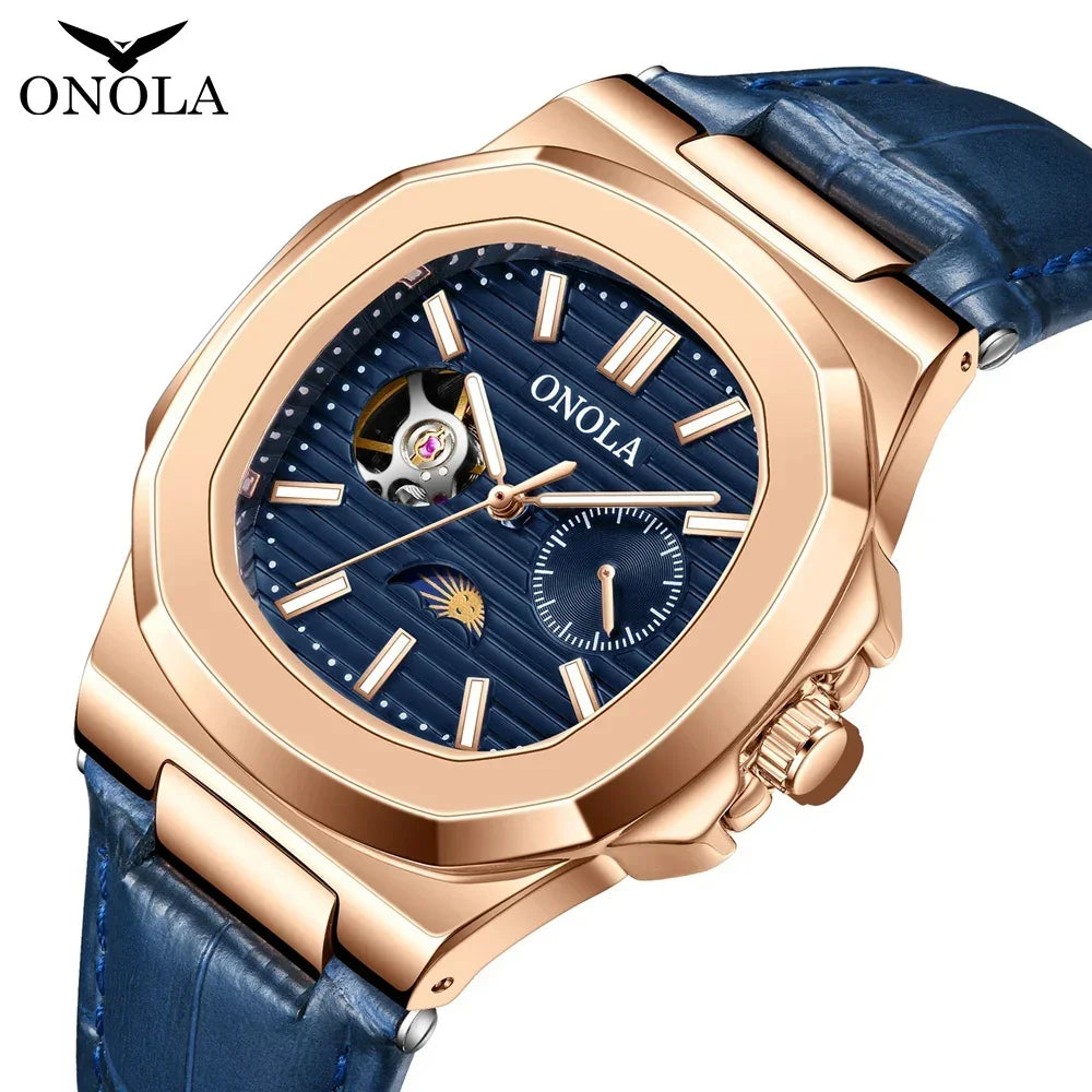 ONOLA-reloj mecánico totalmente automático para hombre, de negocios, hueco, de cuero, resistente al agua, de alta calidad