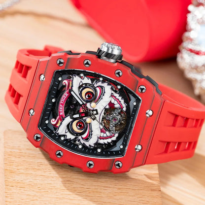 Reef Tiger Men Automatic Watch Tonneau Mechanical Wristwatch Carbon Fibre Case Fluororubber Strap Lion Dance Luminous Dial