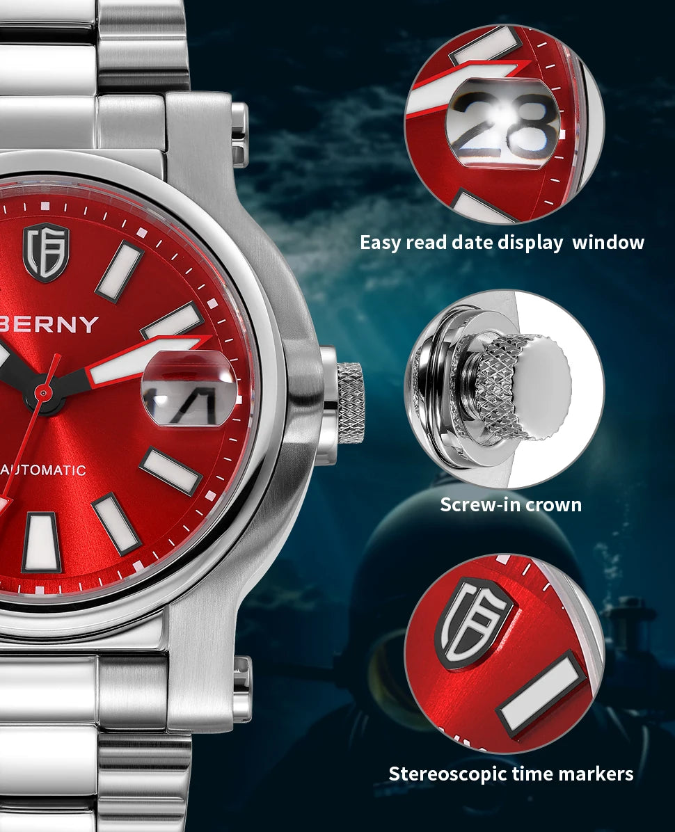 BERNY Men Diver Automatic Watch BERNY NH35 Luminous Sapphire Stainless Steel Diving Mechanical Wristwatch Sport Waterproof 10ATM