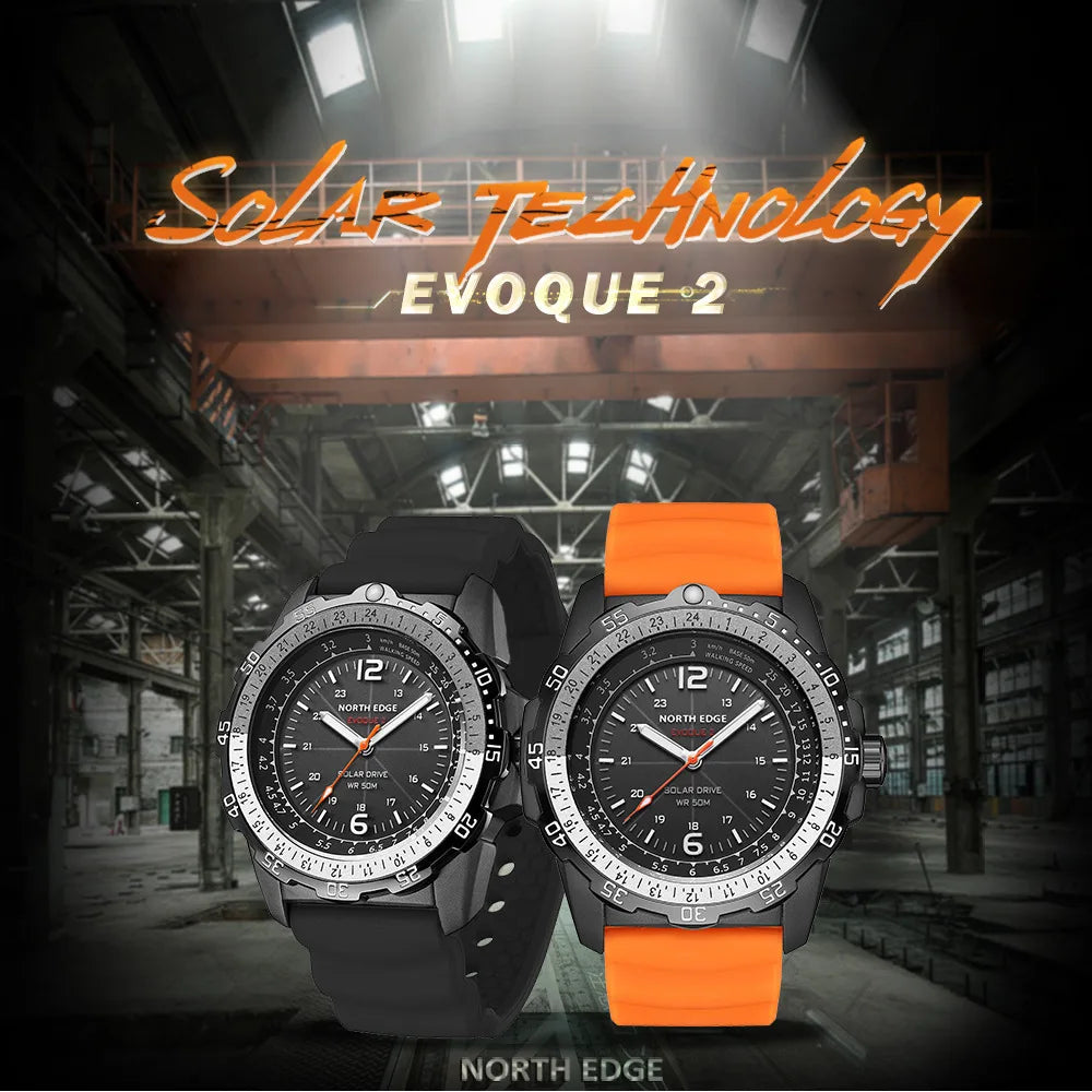 NORTH EDGE Evoque2 Relojes solares para Hombre con caja Cálculo de velocidad Cronógrafo Anillo giratorio Reloj impermeable para Hombre Reloj para Hombre