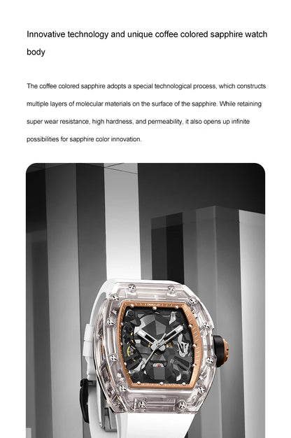 CRONUSART Men Automatic Watch 50mm Luxury Tonneau Mechanical Wristwatch Sapphire Case Luminous Fluororubber Strap Skull Dial