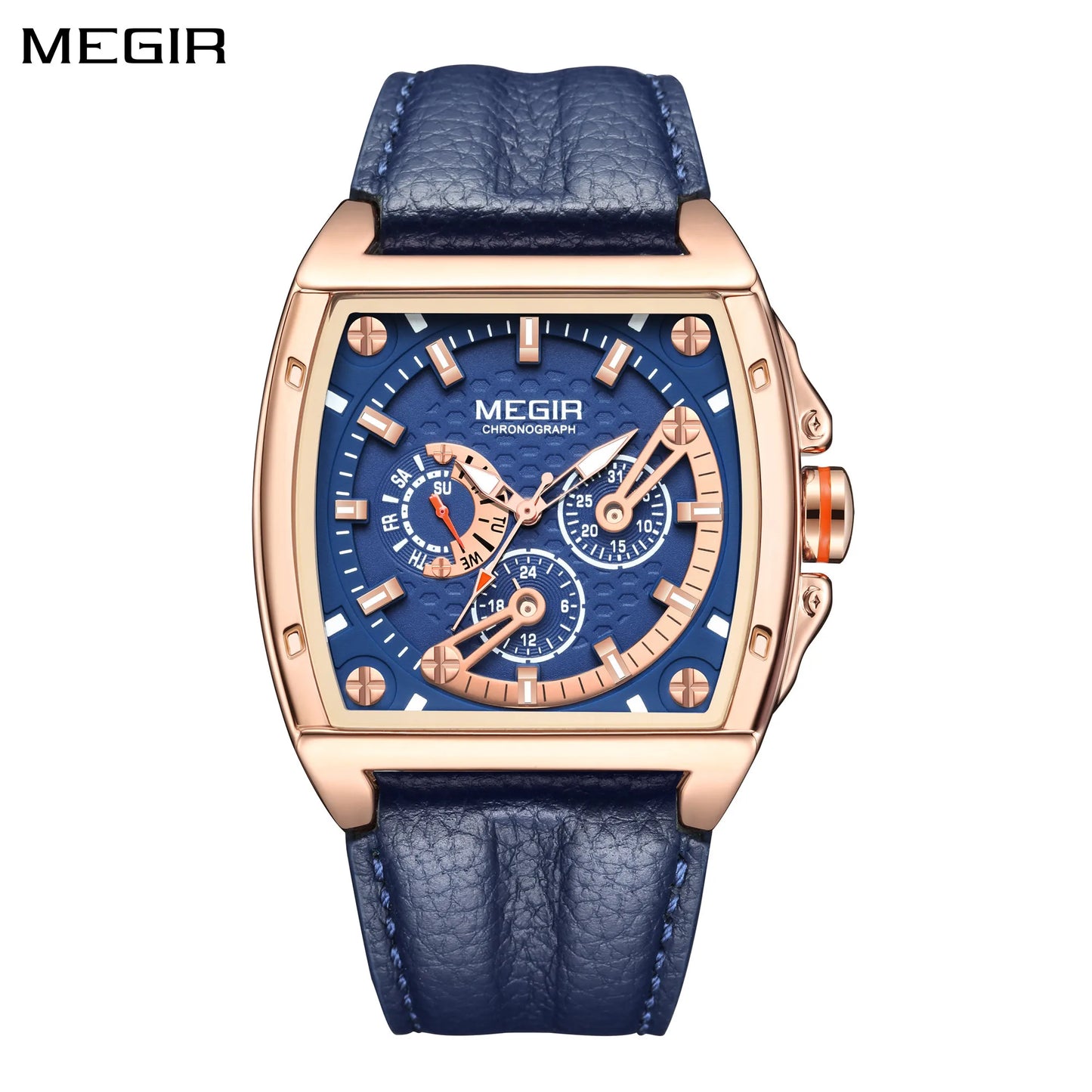 Relojes MEGIR de marca de lujo, cronógrafo para Hombre, banda de cuero, Esfera Grande, Reloj de pulsera deportivo de cuarzo, Reloj con visualización semanal de 24 horas para Hombre