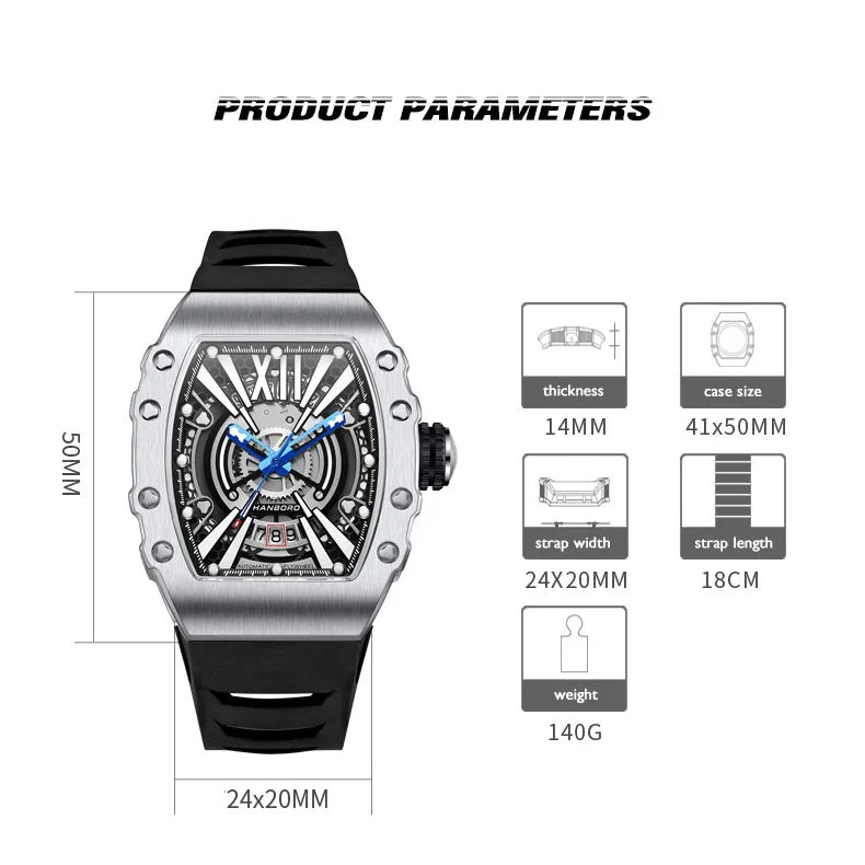 HANBORO Men Automatic Watch Top Luxury Brand Mens Watches Mechanical Wristwatch Luminous Tonneau Case Waterproof Rubber Strap