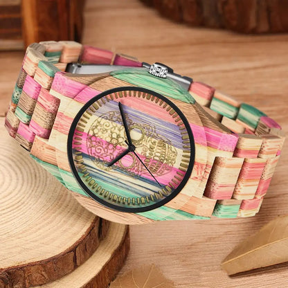 Reloj de cuarzo de madera con patrón de calavera colorido para hombres y mujeres accesorios de moda urbana de negocios reloj de madera