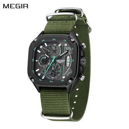 MEGIR Green Canvas Band Men‘s Quartz Sports Watches Waterproof Clock Chronograph Luminous Hands Large Dial Wristwatch for Men