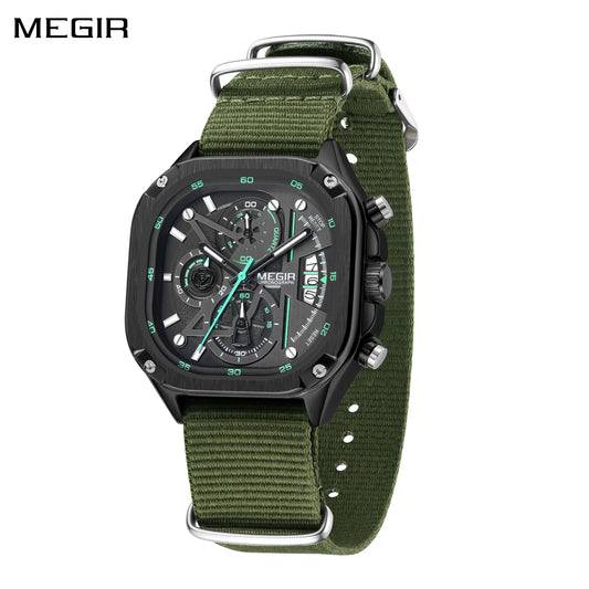 Relojes deportivos de cuarzo MEGIR con banda de lona verde para hombre, reloj resistente al agua, cronógrafo, manecillas luminosas, reloj de pulsera de Esfera Grande para hombre